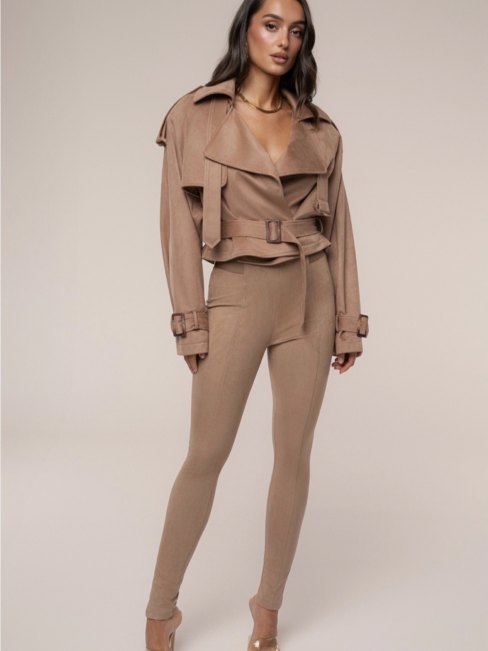 JLUXLABEL Tan Latte Suede Cropped Trench Jacket